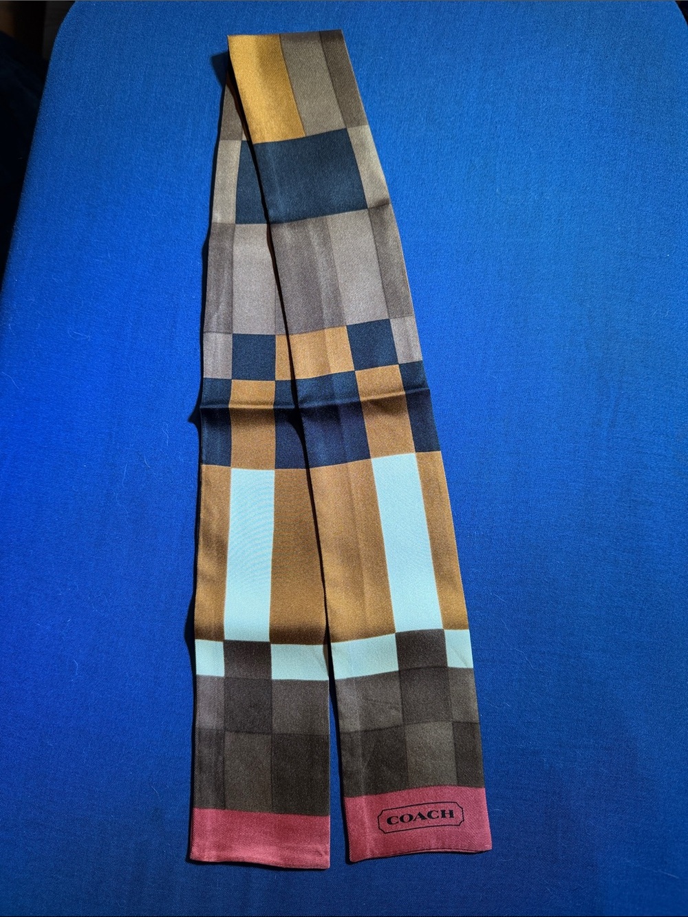 Coach Colorblock Silk Scarf - white, Brown, Tan, Pink